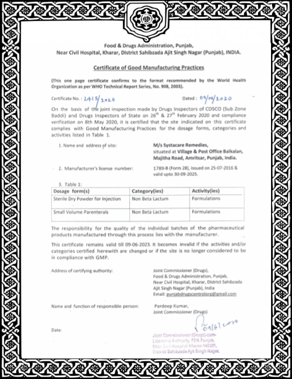 WHO-GMP Certificate